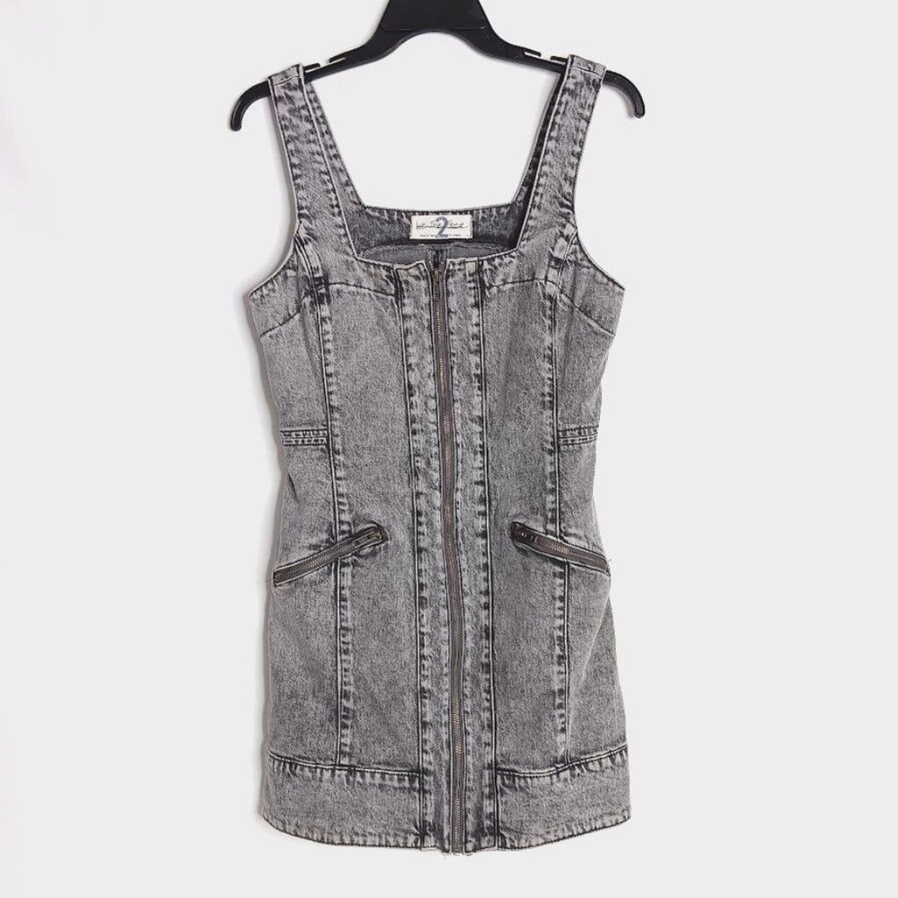 Free People Johnny Black Denim Mini Dress Acid Wash Fitted size 2